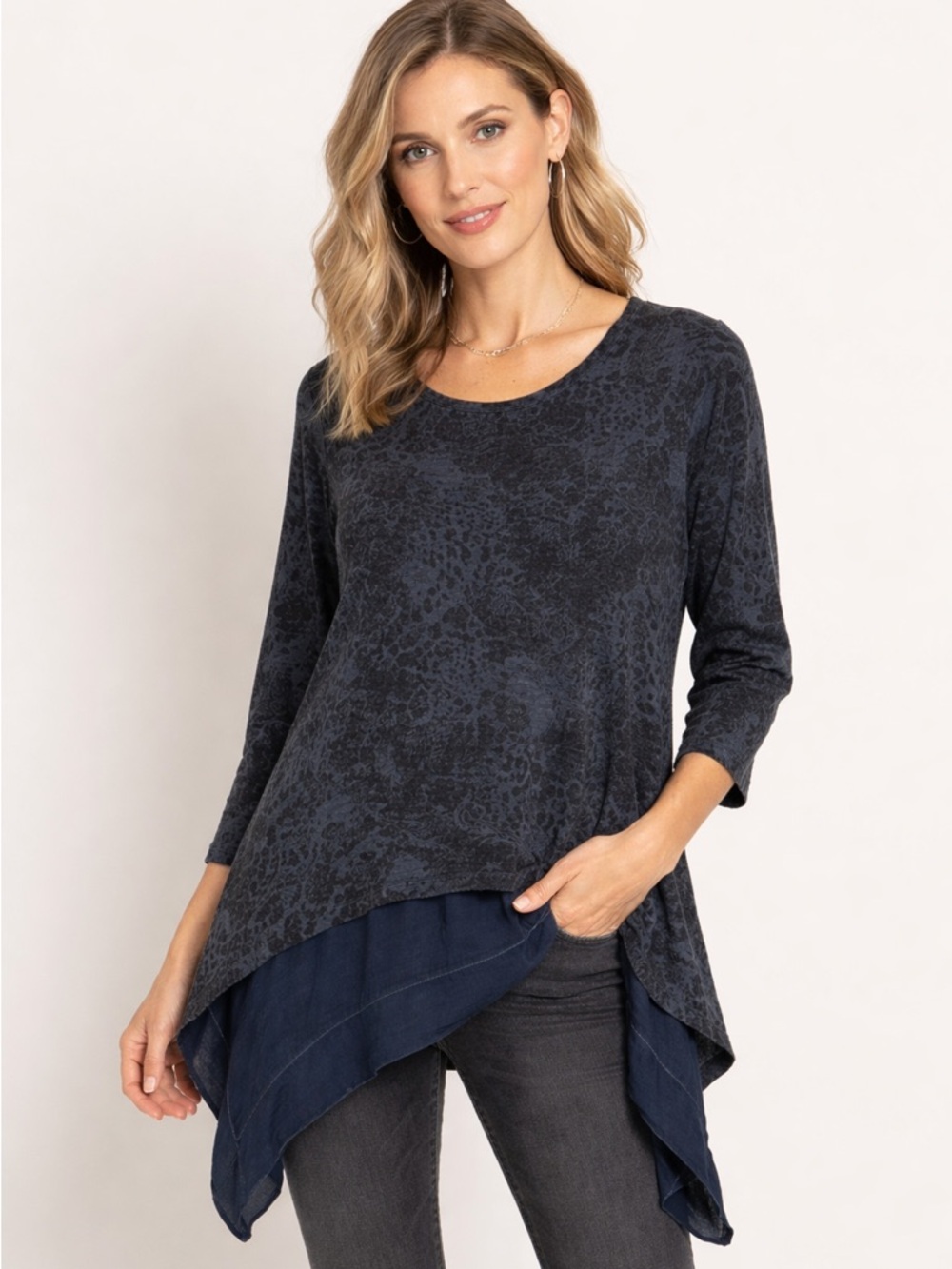 NWT Scandal Italy Mixed Media Animal Print Tunic Top Sz M Swing Hem Grey Blue